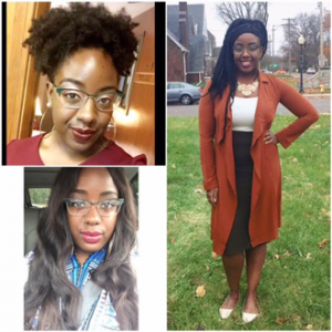 Image of Tirsten Johnson, an african american woman, in three seperate with photos displaying the different ways she can wear her hair.